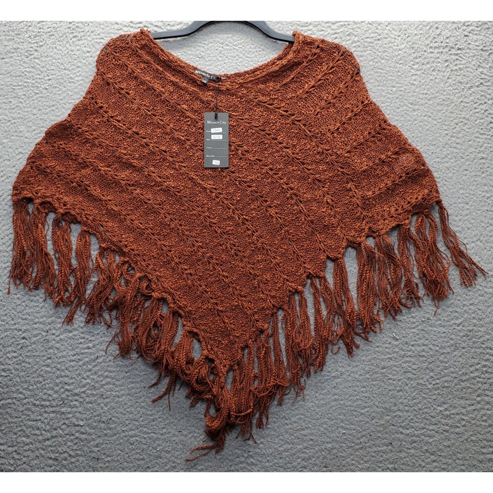 Miracle City Poncho Sweater Womens Small Brown Knit Chevron Flowing Fringe Hem